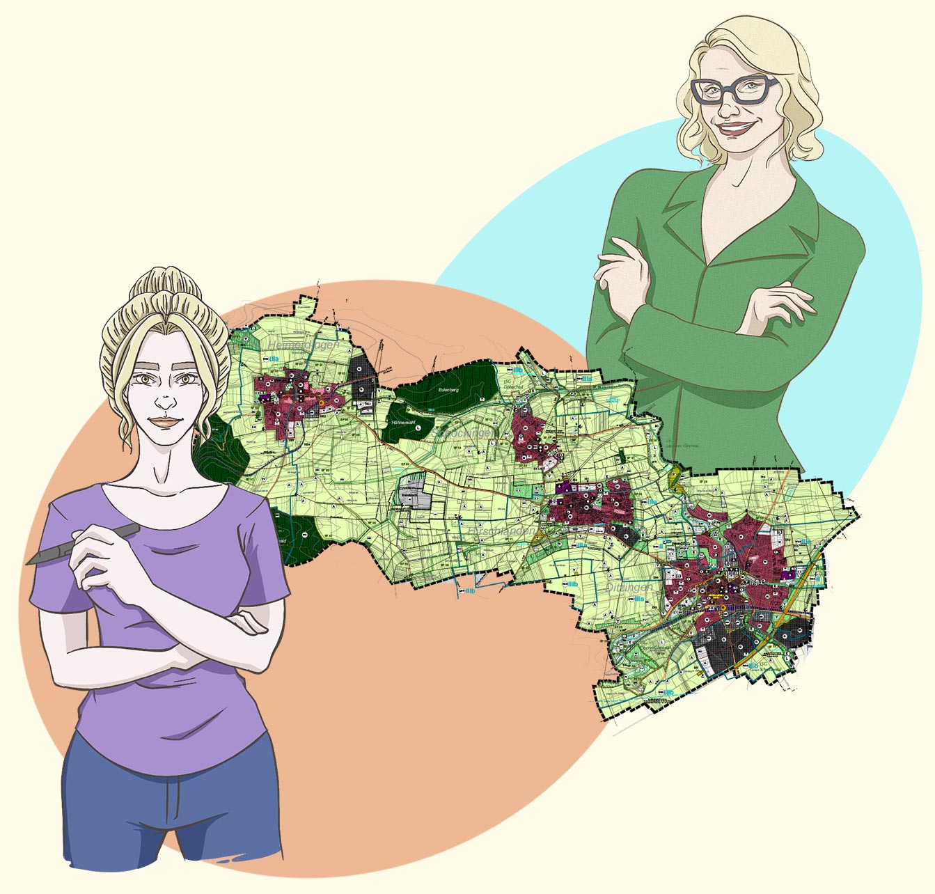 Regina Stark und Frau Gründfeld vom Stadtplanungsamt. Zwischen ihnen ist ein Bebauungs- und Flächennutzungsplan abgebildet.